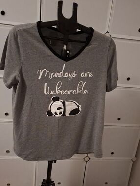 Deesse Lingerie Grey Short Sleeve Pajama Top with Panda Graphic